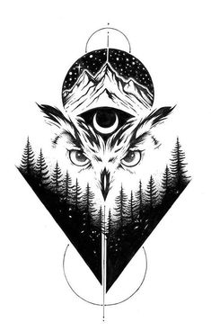 an owl with mountains and trees on it's head is depicted in the shape of a triangle