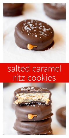 salted caramel ritz cookies are stacked on top of each other with the words salted caramel ritz cookies above them