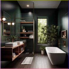 a bath room with a tub a sink and a window