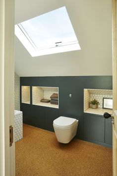 a bathroom with a skylight above the toilet