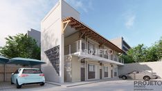 a car parked in front of a building with an awning on the top floor