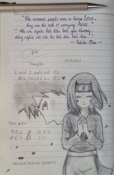 a drawing of a girl standing in front of a notepad with writing on it