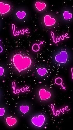 many pink hearts with the word love spelled in them on a black background filled with stars and sparkles