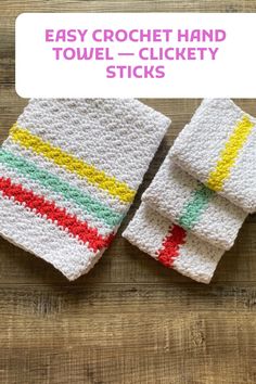 two crochet hand towels sitting on top of a wooden table next to each other