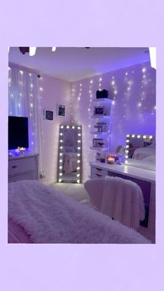 a white bedroom with lights on the walls