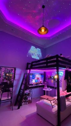 a bedroom with purple lighting and a bed in the middle, there is a tv screen on the wall