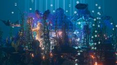 an underwater scene with jelly fish and sea creatures in blue water, surrounded by bubbles