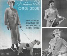 three pictures of women in dresses and hats, one with a dog on a leash