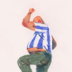 a drawing of a man in blue and white striped shirt holding his arm up to the side