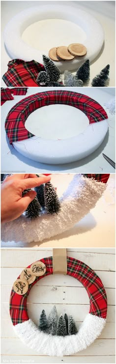 the steps to make a christmas wreath with pine cones and snowflakes on it