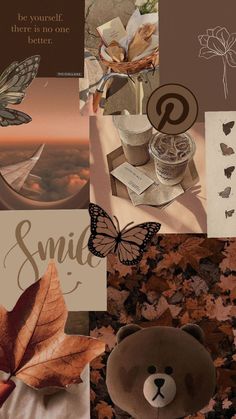 a collage of photos with leaves, flowers and other things in it that include a teddy bear