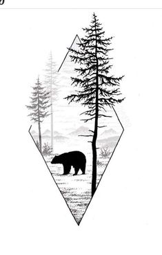 a bear in the woods with trees on it's side and an image of a mountain