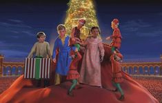 an animated christmas scene with three women in dresses and presents