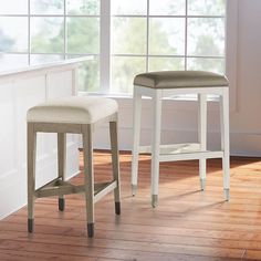 two stools sitting in front of a window next to a counter top and wooden floor