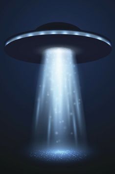 an alien spaceship flying through the sky with light coming from it's center beam