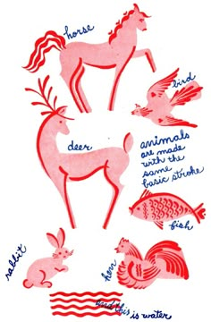 an image of some animals and birds in red ink