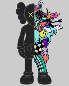 a cartoon character is holding on to a wall with many things in his hands and looking at it