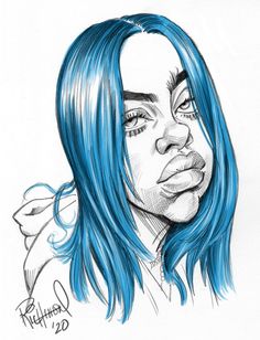 a drawing of a woman with blue hair