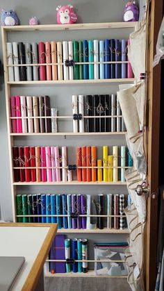 a shelf filled with lots of different colored items next to a wall full of books