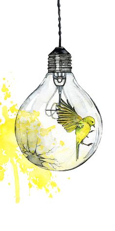 a watercolor painting of a yellow bird in a light bulb