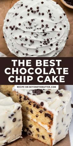 the best chocolate chip cake with white frosting and chocolate chips is cut into pieces