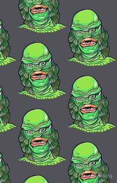 a green creature with many expressions on it's face and head, all in different positions