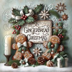 a painting of gingerbreads and christmas decorations on a table with a sign that says gingerbread christmas