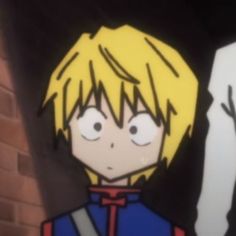 two anime characters standing next to each other in front of a brick wall and door