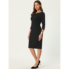 This dress can be a perfect addition to almost any outfit from formal to daily wear, great for work, meeting, office, businesses, work, party, cocktail, wedding, casual, daily dressing, etc. Pair with delicate necklace and heels for a chic office look. Comfortable and classic, this sheath dress is perfect on its own or as a layer under a blazer or jacket. Fitted Half Sleeve Midi Dress For Work, Fitted Midi Dress With Half Sleeve For Work, Fitted Half Sleeve Midi Dress For Office, Formal Fitted Bodycon Dress With 3/4 Sleeve, Fitted Bodycon Dress With 3/4 Sleeve For Work, Formal Bodycon Dress With 3/4 Sleeves, Fitted Half Sleeve Office Dress, Fitted Midi Dress With 3/4 Sleeve For Office, Office Midi Dress Fitted With 3/4 Sleeve