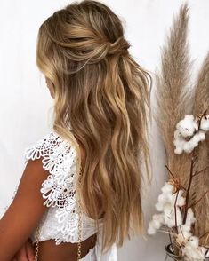 Photoshoot Hairstyles Half Up, Simple Hair For Wedding Bride, Timeless Wedding Hair Brunette, Boho Medium Length Hairstyles, Photography Hair Ideas, Spaghetti Strap Bridesmaid Dress Hairstyles, Volume Half Up Half Down Wedding Hair, Half Up Wedding Hair With Hairpiece, Wedding Hair Styles Down Wavy