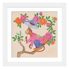 a painting of a monkey holding an umbrella on top of a branch with flowers around it