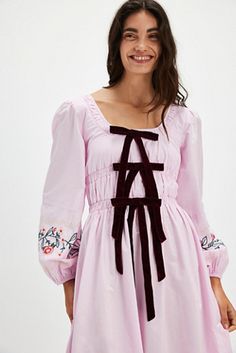 Modest Mini Dress, Mocktail Party, Damson Madder, Exaggerated Sleeves, Pink Embroidery, Bow Dress, Style Maxi Dress, Puffed Sleeves, Cinched Waist