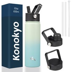 the koko water bottle is next to an empty box and two straws in it