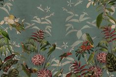 birds and flowers on a blue wallpaper with green leaves, red flowers, and white blooms