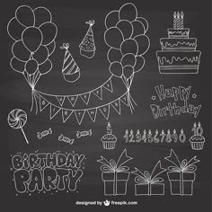 birthday party items drawn in chalk on a blackboard