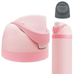 thermos are pink and grey, but one is gray with a black lid