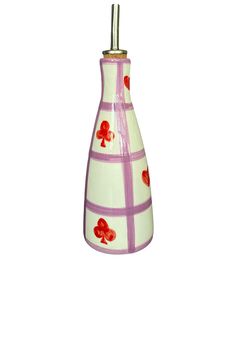 a pink and white vase with red flowers on the bottom is shown against a white background