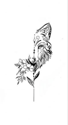 a black and white drawing of a bird on a branch with flowers in its beak