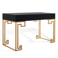 a black and gold console table on white background