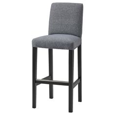 a gray upholstered bar stool with black legs and backrests on an isolated white background