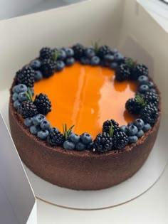 a chocolate cake topped with blueberries and blackberries on top of a white plate