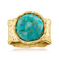 PRICES MAY VARY. 18kt yellow gold over sterling silver, stabilized turquoise ring for women. Stabilized turquoise. 1/2" wide. Luxury 18kt yellow gold over sterling silver ring. Round shape green stabilized turquoise. Textured and polished 18kt yellow gold over sterling silver. Includes jewelry presentation box. Due to the naturally occurring characteristics of gemstones, each is unique and may exhibit imperfections such as inclusions , blemishes and cloudiness, as well as color variations. Ross- Byzantine Rings, Jewelry Presentation, Moon And Star Ring, Chic Rings, Simple Band, Classic Engagement Rings, Wide Band Rings, 24kt Gold, Turquoise Rings