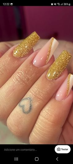 Gold Nail Designs Acrylic, Gold And White Acrylic Nails, Anniversary Nails, Gold Nail Designs, Nail Salon Design, Sunset Vibes, Gold Glitter Nails, Nail Time, Pretty Nail Art Designs