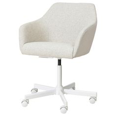 a white office chair with wheels and casteors on an isolated white surface, viewed from the front