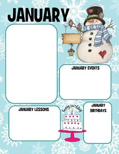 a snowman themed calendar for january with the words, months and holidays written on it