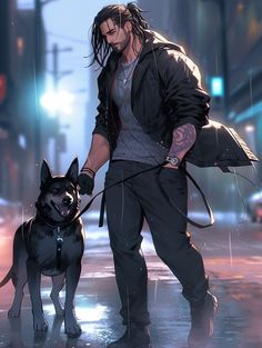 a man walking his dog in the rain