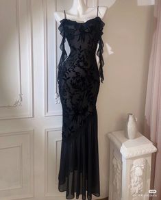 Lace Black Prom Dress, European Formal Dress, Black Satin Lace Dress, Y2k Dress Outfit Formal, Black Floral Slip Dress, Fancy Gothic Dress, Black Emo Prom Dress, Prom Dresses For Pale Skin Dark Hair, Witch Aesthetic Dress