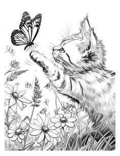 a black and white drawing of a cat playing with a butterfly