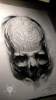 a drawing of a skull with a maze in it's head