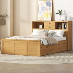 a bed sitting in a bedroom next to a wooden book shelf on top of a white rug